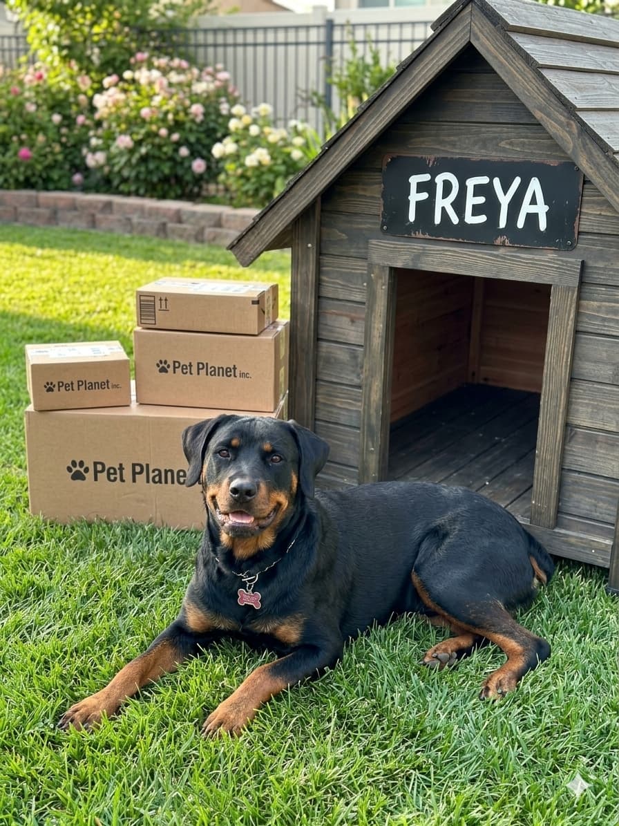 Freya the Rottweiler with Pet Planet Inc. packages and doghouse
