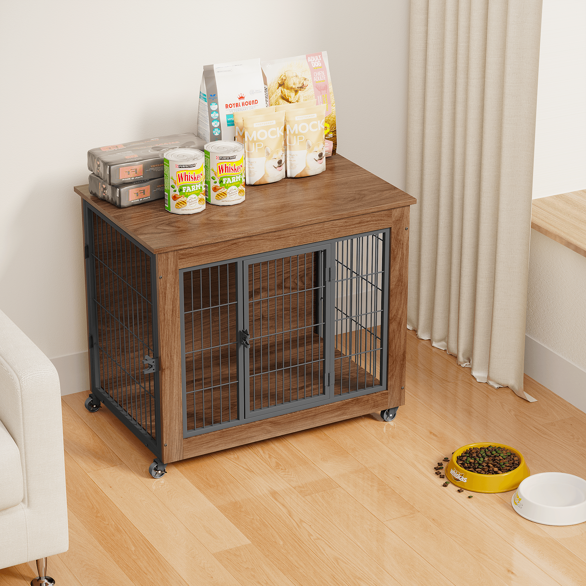 32.5" Dog Crate Wheeled for Small Dog Heavy-Duty Kennel 2-Door Indoor